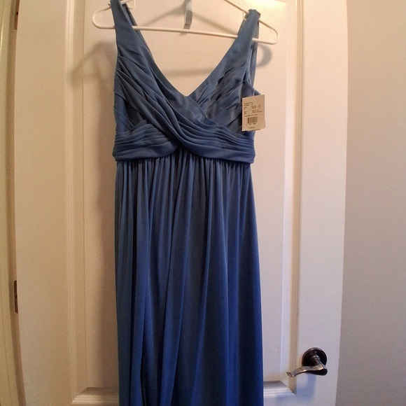 NWT $199 Davids Bridal Blue Steel Long Mesh Gown With Cowl V Neck Size 2 - Picture 5 of 6